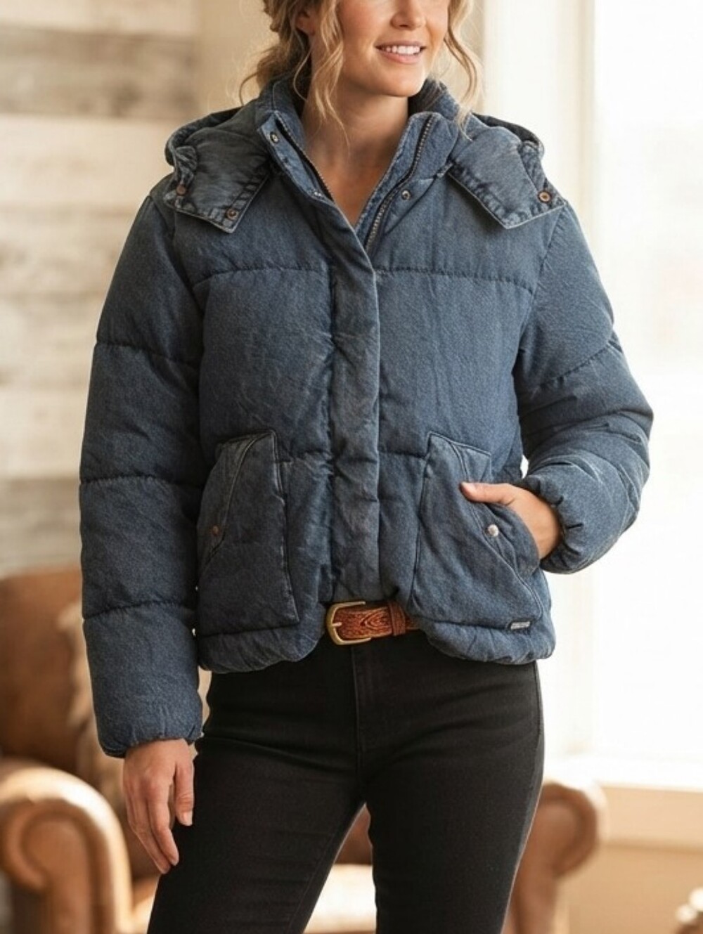 Levi's 600 Fill Down Denim Puffer Jacket Womens M Hooded Blue NWT Western